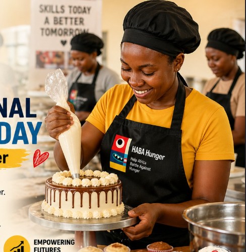 A participant developing practical baking skills through a HABA Hunger vocational program